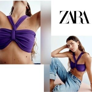 Zara purple knit front twist sweetheart neckline cropped halter top Sz S NWOT